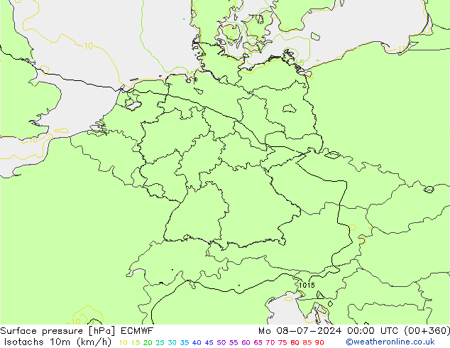 Isotachs (kph) ECMWF lun 08.07.2024 00 UTC