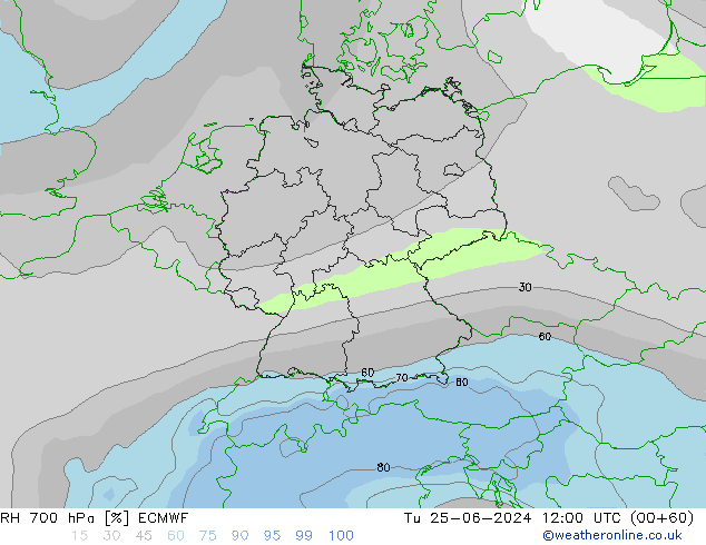 RH 700 hPa ECMWF mar 25.06.2024 12 UTC