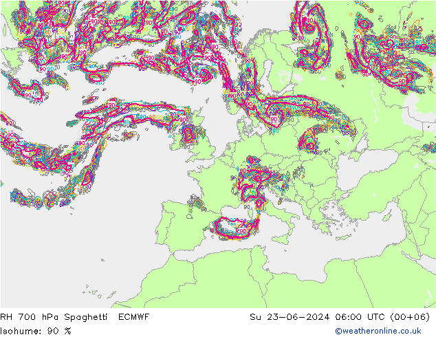 Humidité rel. 700 hPa Spaghetti ECMWF dim 23.06.2024 06 UTC