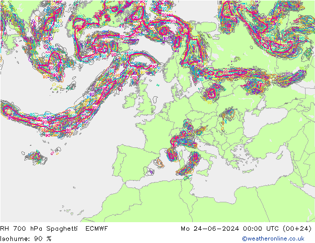 RH 700 hPa Spaghetti ECMWF Mo 24.06.2024 00 UTC