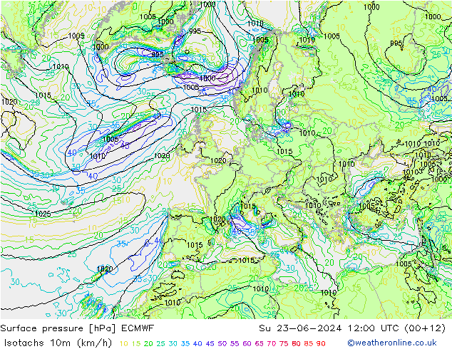 Isotachs (kph) ECMWF Su 23.06.2024 12 UTC