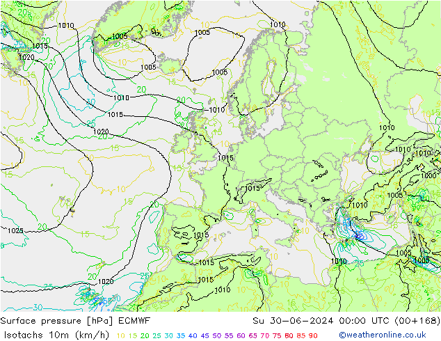 Isotachs (kph) ECMWF Ne 30.06.2024 00 UTC