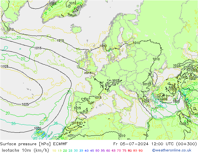 Isotachs (kph) ECMWF Fr 05.07.2024 12 UTC