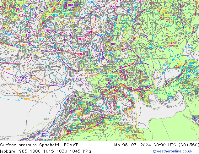 Presión superficial Spaghetti ECMWF lun 08.07.2024 00 UTC