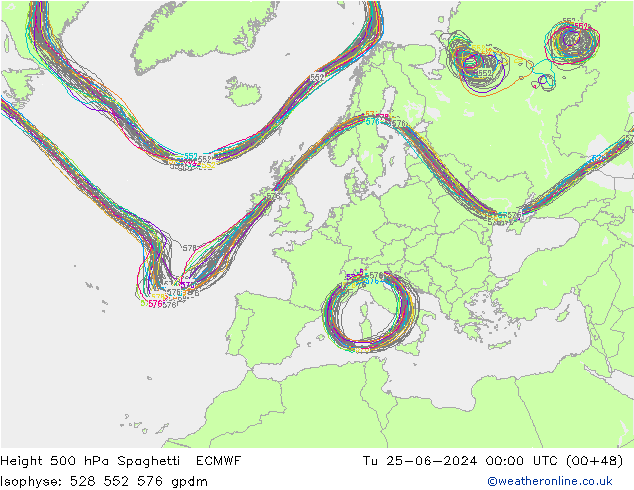 Height 500 гПа Spaghetti ECMWF вт 25.06.2024 00 UTC