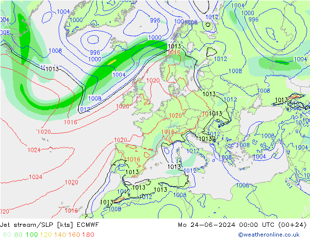 高速氣流/地面气压 ECMWF 星期一 24.06.2024 00 UTC