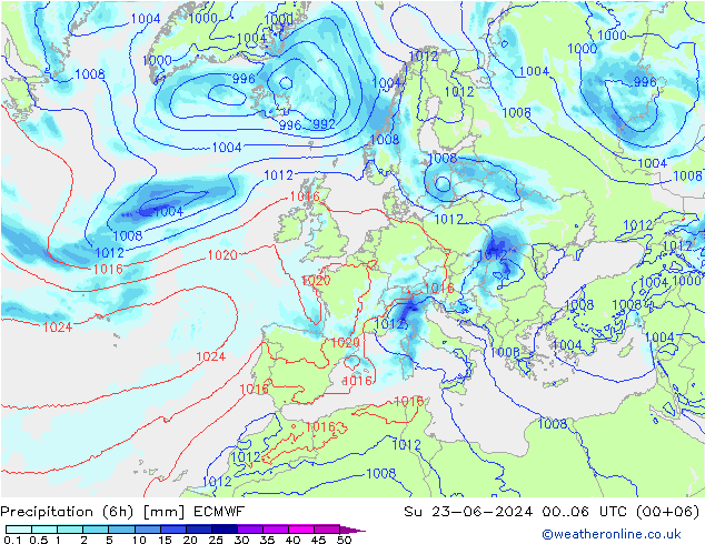 降水量 (6h) ECMWF 星期日 23.06.2024 06 UTC