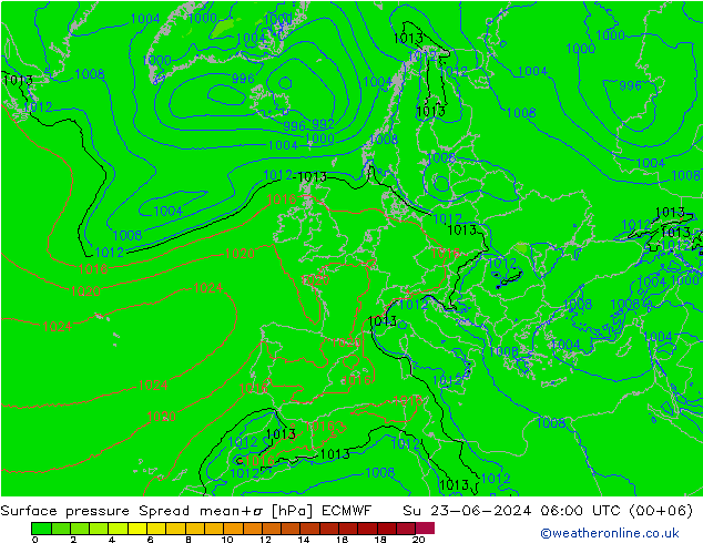 Pressione al suolo Spread ECMWF dom 23.06.2024 06 UTC