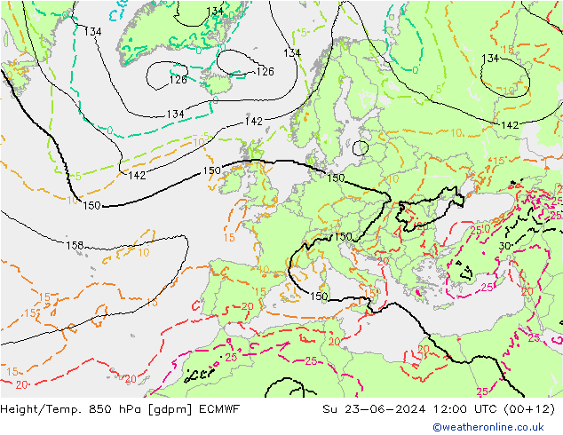 Height/Temp. 850 hPa ECMWF dom 23.06.2024 12 UTC