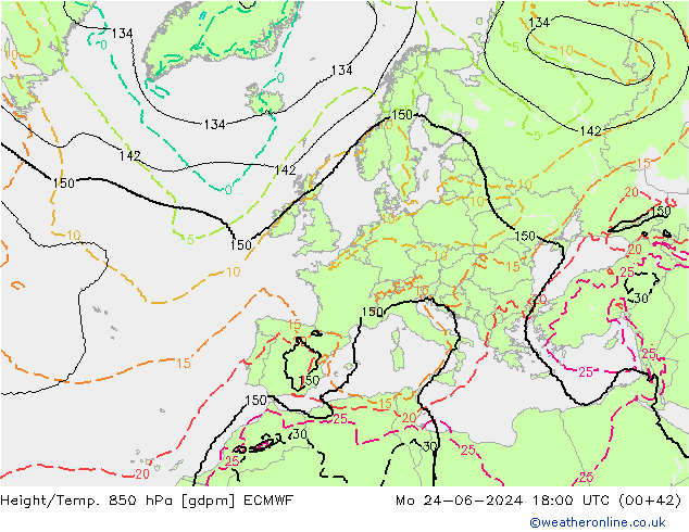 Geop./Temp. 850 hPa ECMWF lun 24.06.2024 18 UTC