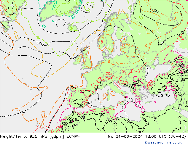 Height/Temp. 925 hPa ECMWF Mo 24.06.2024 18 UTC