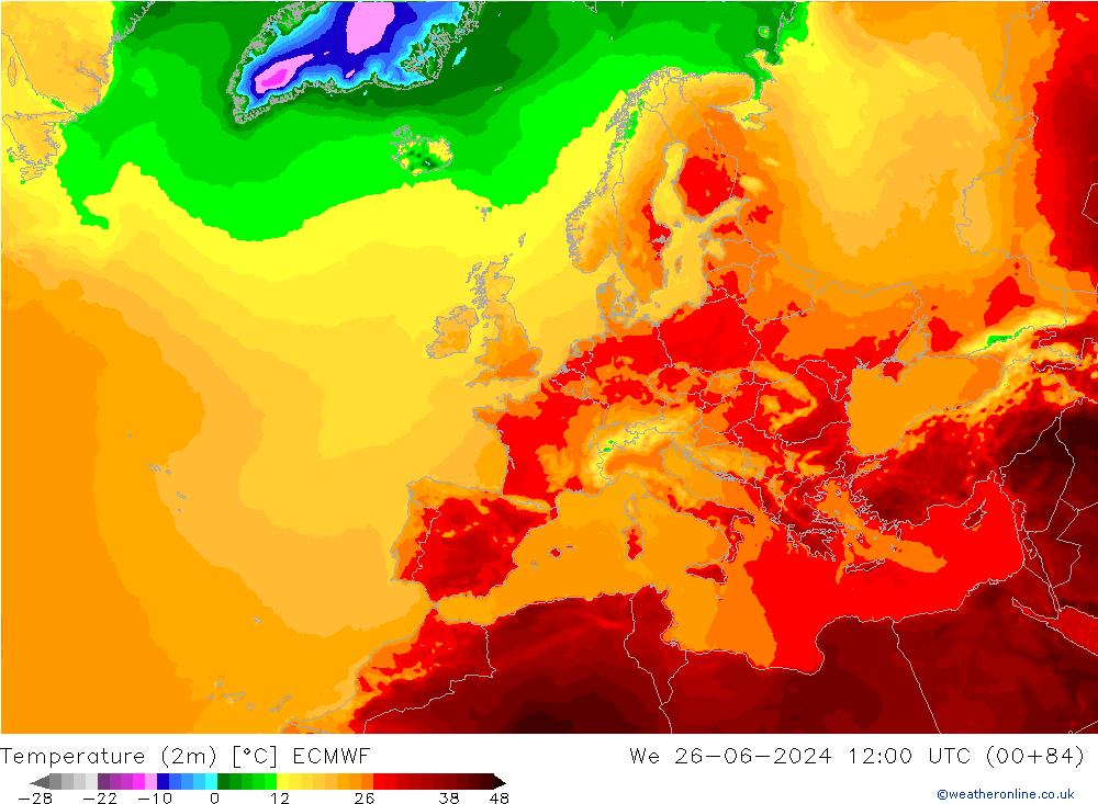 mapa temperatury (2m) ECMWF śro. 26.06.2024 12 UTC