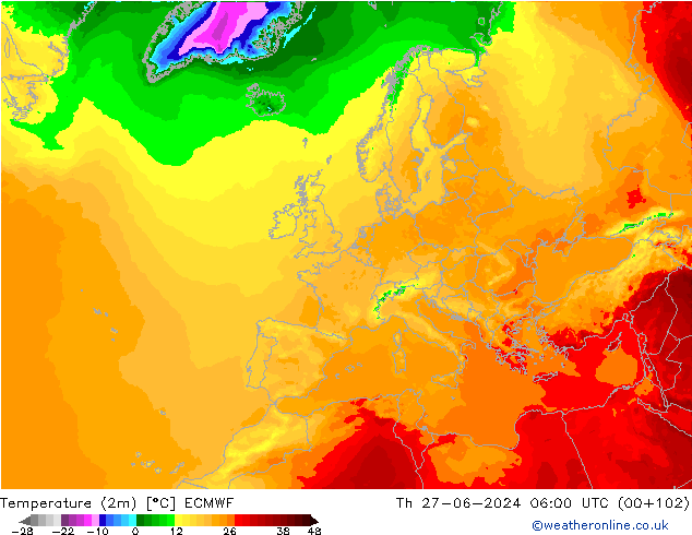 Temperatuurkaart (2m) ECMWF do 27.06.2024 06 UTC