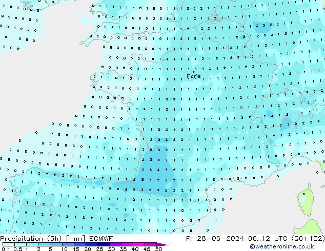 Precipitation (6h) ECMWF Fr 28.06.2024 12 UTC