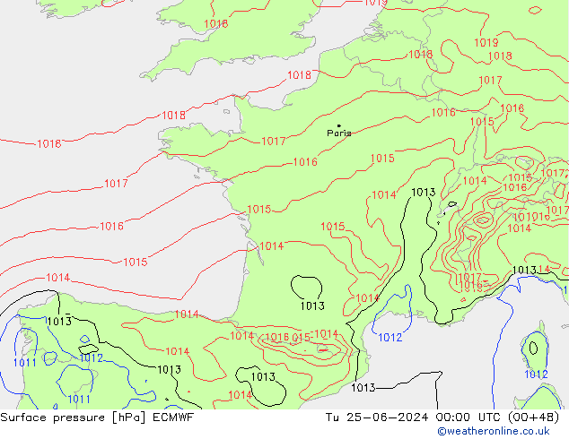 Surface pressure ECMWF Tu 25.06.2024 00 UTC