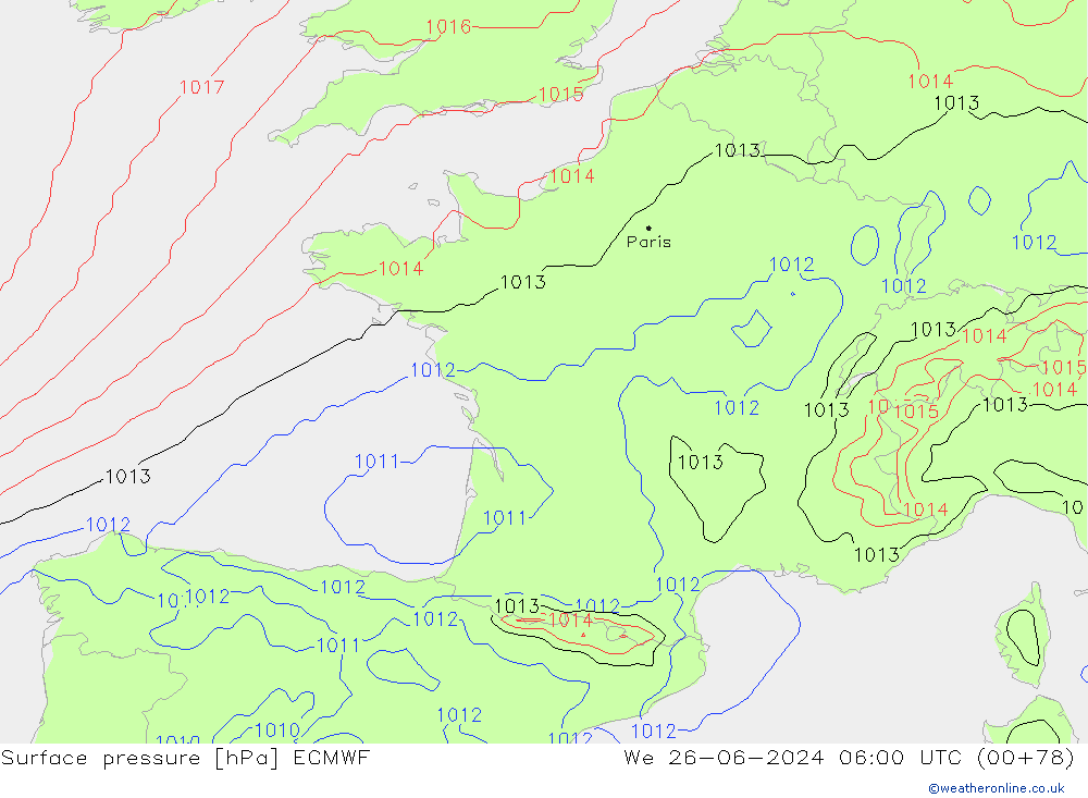 Surface pressure ECMWF We 26.06.2024 06 UTC