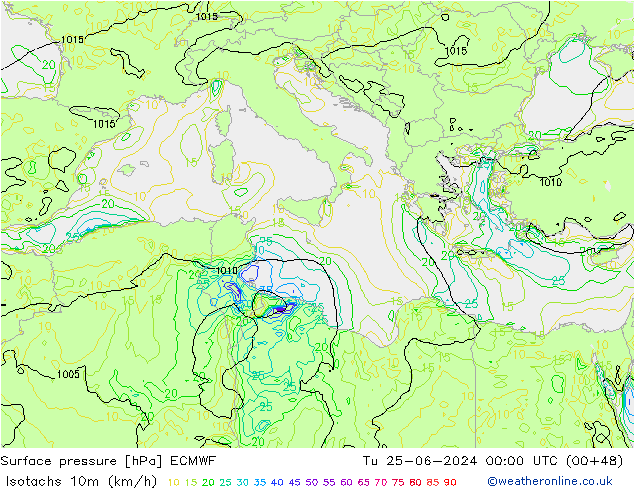 Isotachs (kph) ECMWF Út 25.06.2024 00 UTC