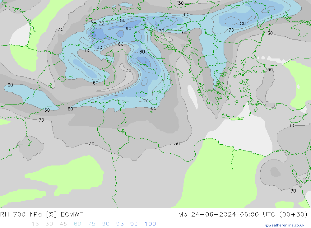 RH 700 hPa ECMWF Mo 24.06.2024 06 UTC