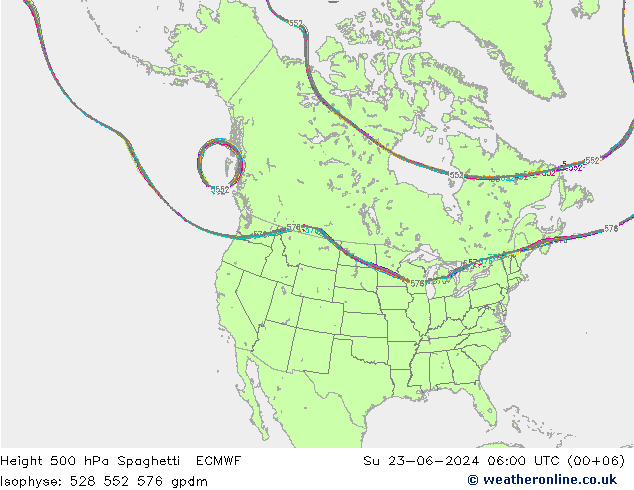 Height 500 hPa Spaghetti ECMWF Su 23.06.2024 06 UTC