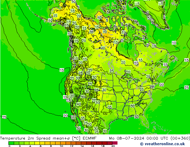 Temperature 2m Spread ECMWF Mo 08.07.2024 00 UTC