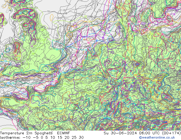 Temperatura 2m Spaghetti ECMWF dom 30.06.2024 06 UTC