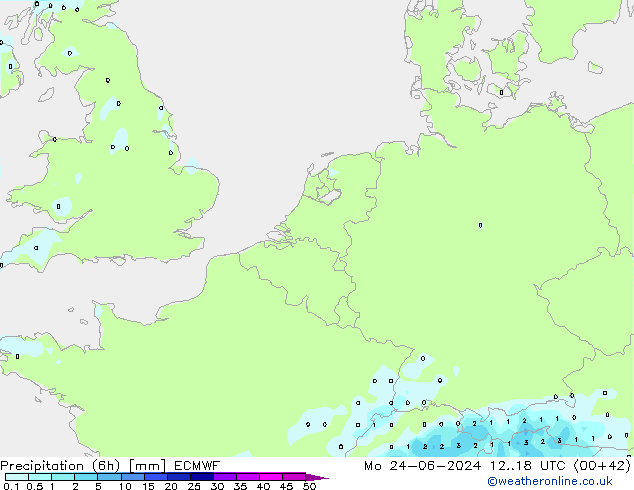 Precipitation (6h) ECMWF Mo 24.06.2024 18 UTC