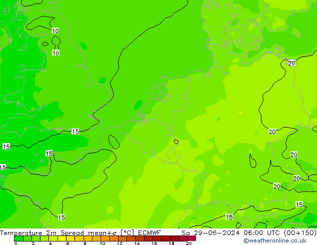 Temperatura 2m Spread ECMWF sáb 29.06.2024 06 UTC