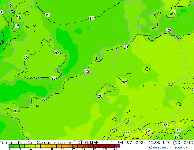 Temperature 2m Spread ECMWF Th 04.07.2024 12 UTC