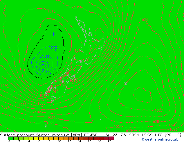 Surface pressure Spread ECMWF Su 23.06.2024 12 UTC