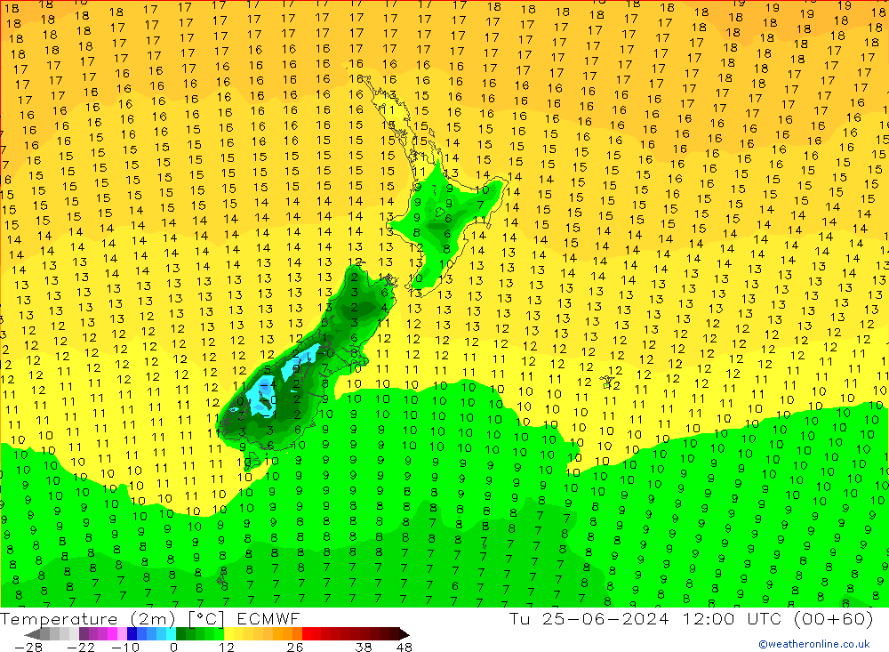 Temperature (2m) ECMWF Tu 25.06.2024 12 UTC