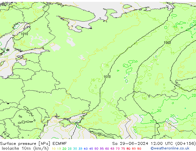 Izotacha (km/godz) ECMWF so. 29.06.2024 12 UTC