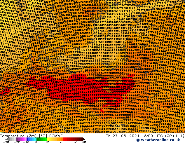 Temperatura (2m) ECMWF gio 27.06.2024 18 UTC