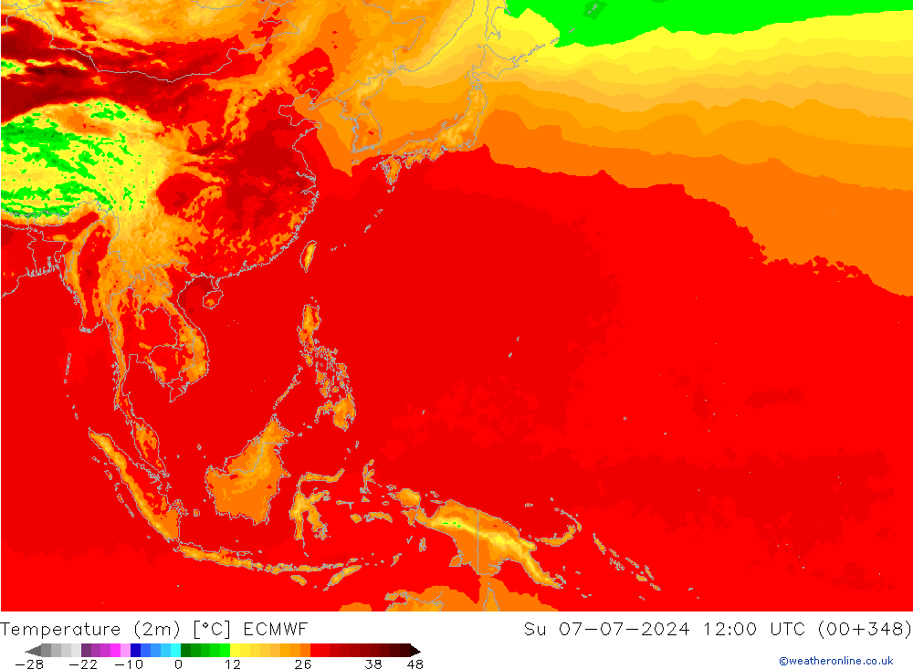 mapa temperatury (2m) ECMWF nie. 07.07.2024 12 UTC