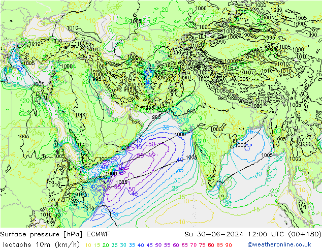 Isotachs (kph) ECMWF Su 30.06.2024 12 UTC