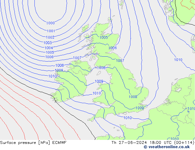 Presión superficial ECMWF jue 27.06.2024 18 UTC