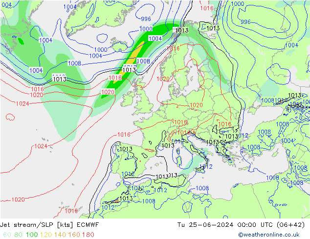 Jet stream/SLP ECMWF Út 25.06.2024 00 UTC