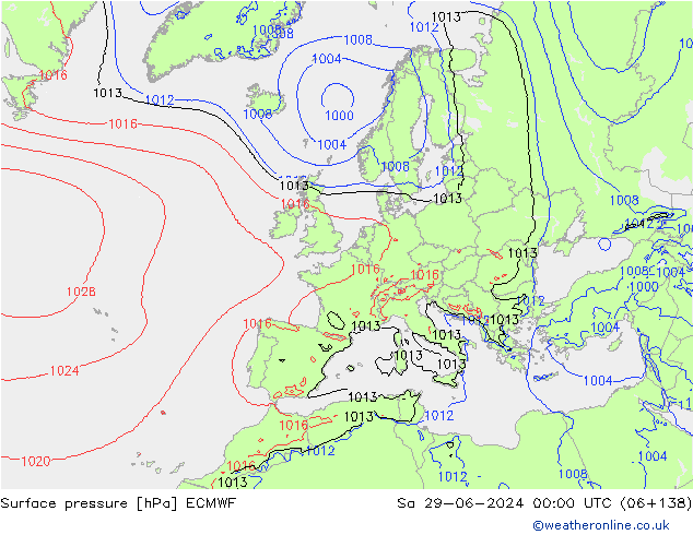 Pressione al suolo ECMWF sab 29.06.2024 00 UTC