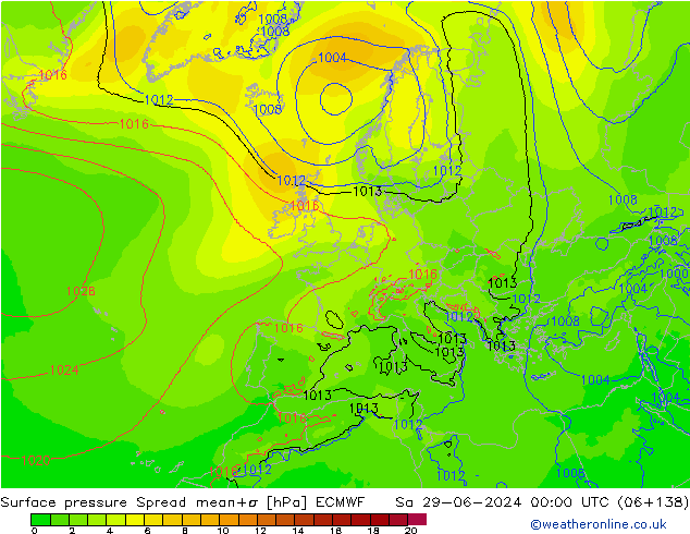 Pressione al suolo Spread ECMWF sab 29.06.2024 00 UTC