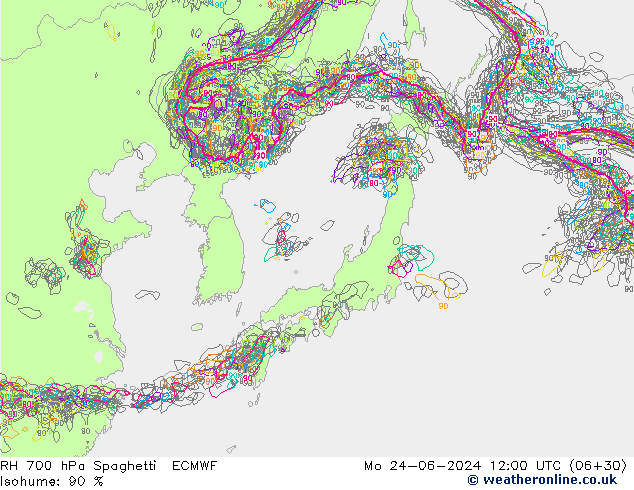 RH 700 hPa Spaghetti ECMWF Mo 24.06.2024 12 UTC
