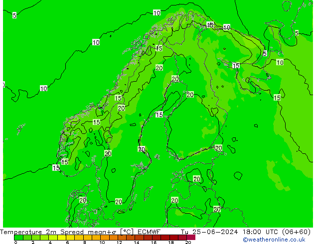 Temperature 2m Spread ECMWF Tu 25.06.2024 18 UTC