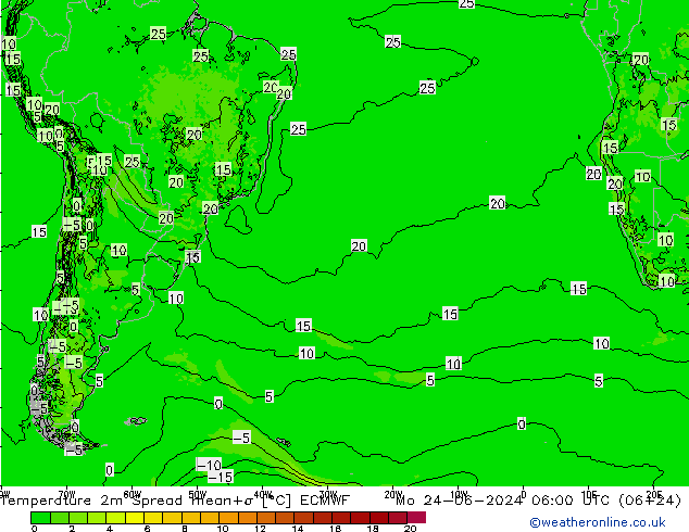 Temperatuurkaart Spread ECMWF ma 24.06.2024 06 UTC