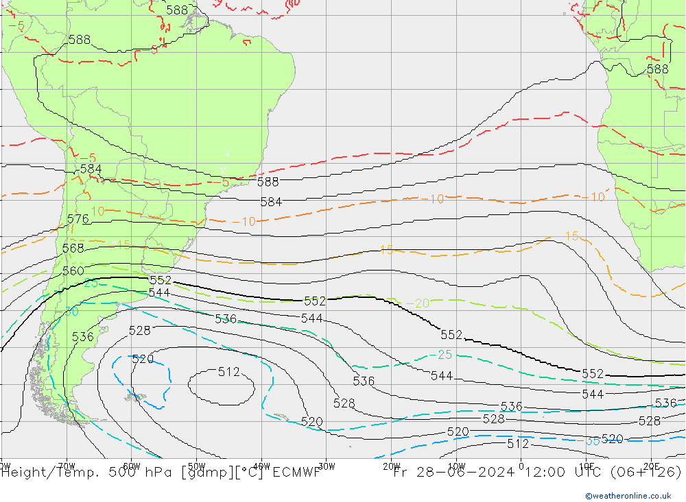 Hoogte/Temp. 500 hPa ECMWF vr 28.06.2024 12 UTC