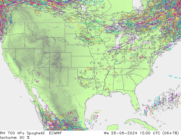 RH 700 hPa Spaghetti ECMWF mer 26.06.2024 12 UTC