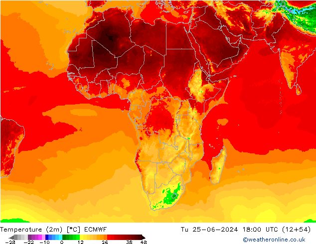 Temperature (2m) ECMWF Tu 25.06.2024 18 UTC