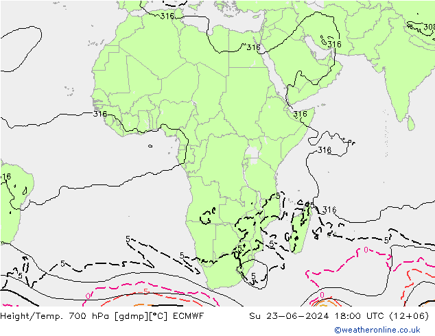 Hoogte/Temp. 700 hPa ECMWF zo 23.06.2024 18 UTC