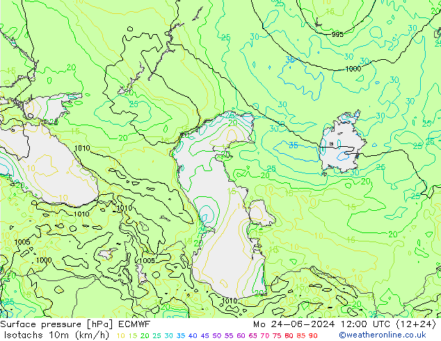 Isotachs (kph) ECMWF пн 24.06.2024 12 UTC