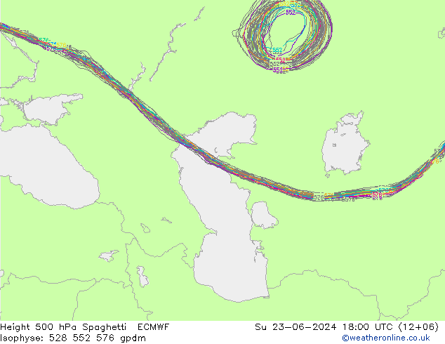 Height 500 hPa Spaghetti ECMWF dom 23.06.2024 18 UTC