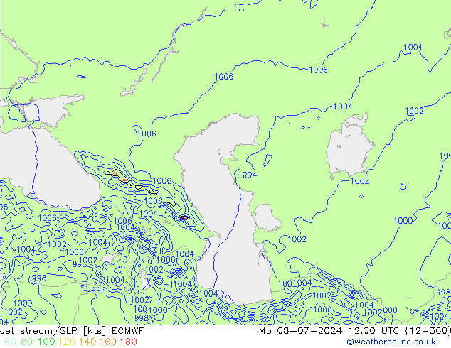 Jet stream/SLP ECMWF Mo 08.07.2024 12 UTC