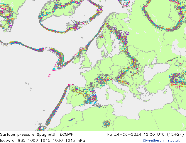 Luchtdruk op zeeniveau Spaghetti ECMWF ma 24.06.2024 12 UTC
