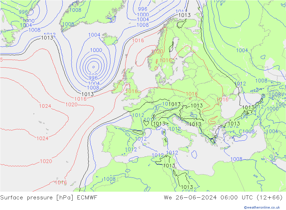 Luchtdruk (Grond) ECMWF wo 26.06.2024 06 UTC